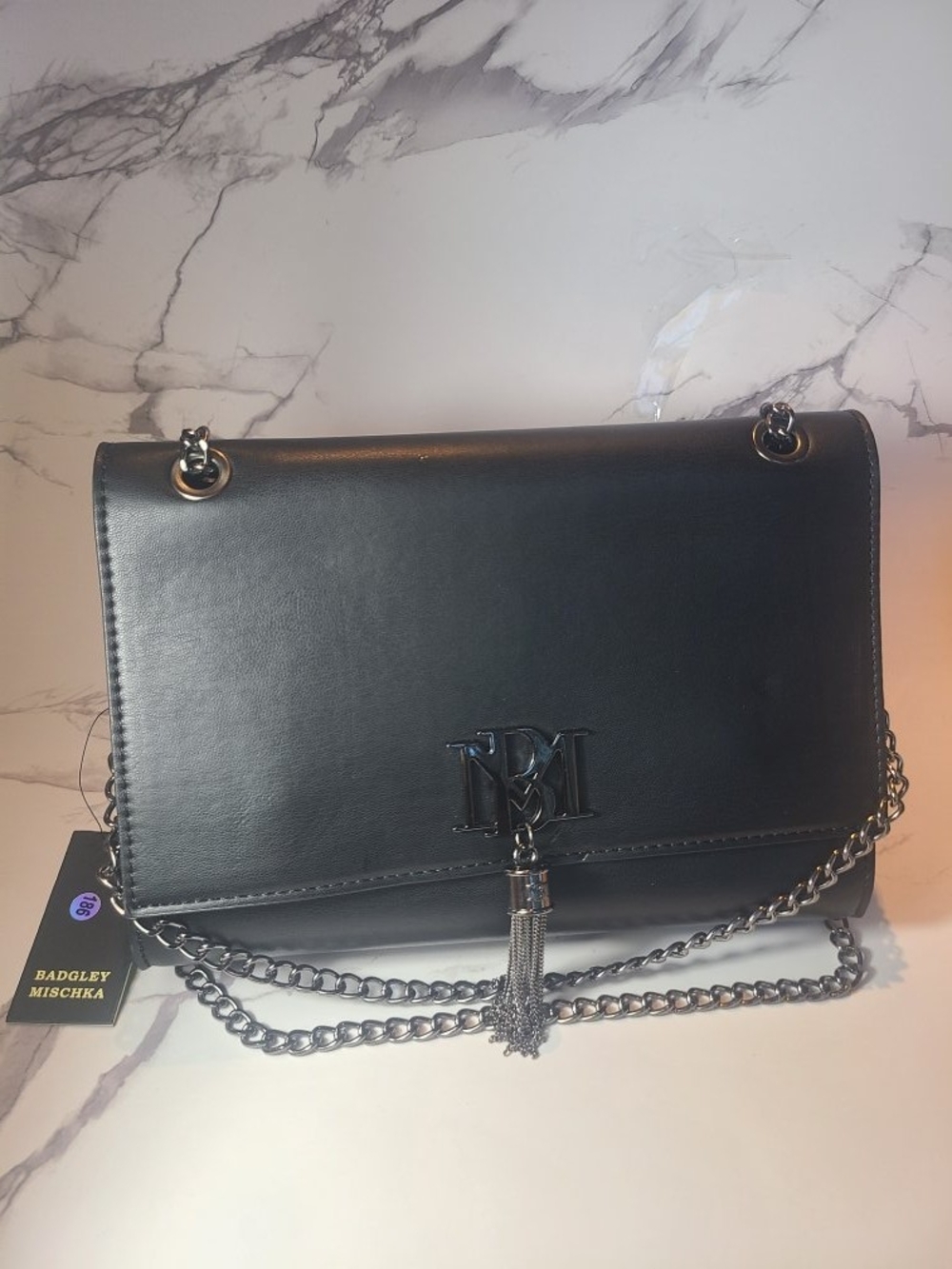 Badgley Mischka Black Leather Chain Shoulder Bag with Tassel Charm